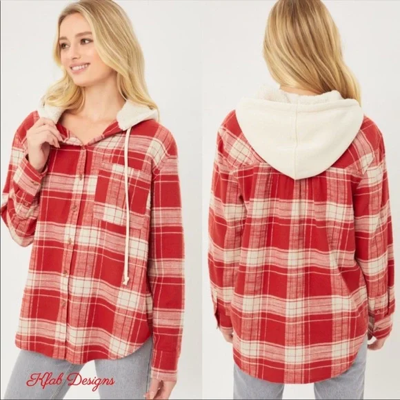 LAST ONE! Amazing! Red Plaid Hooded Flannel Button Down Shirt! - Picture 2 of 6
